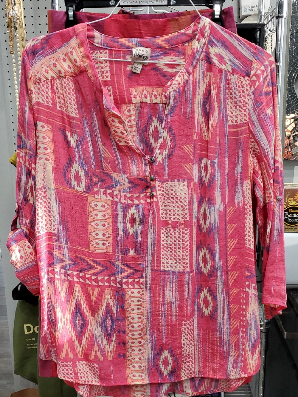 Como Vintage Sz XL Pink Purple Aztec Print Slipover Rayon Blend Blouse